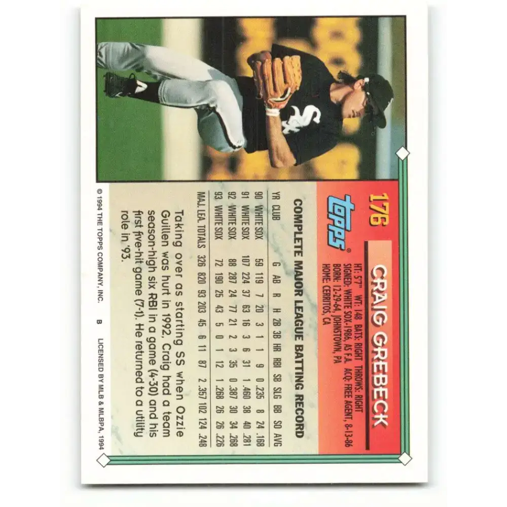 1994 Topps #176 Craig Grebeck EX Excellent Chicago White Sox Baseball Card - Baseball Card Single