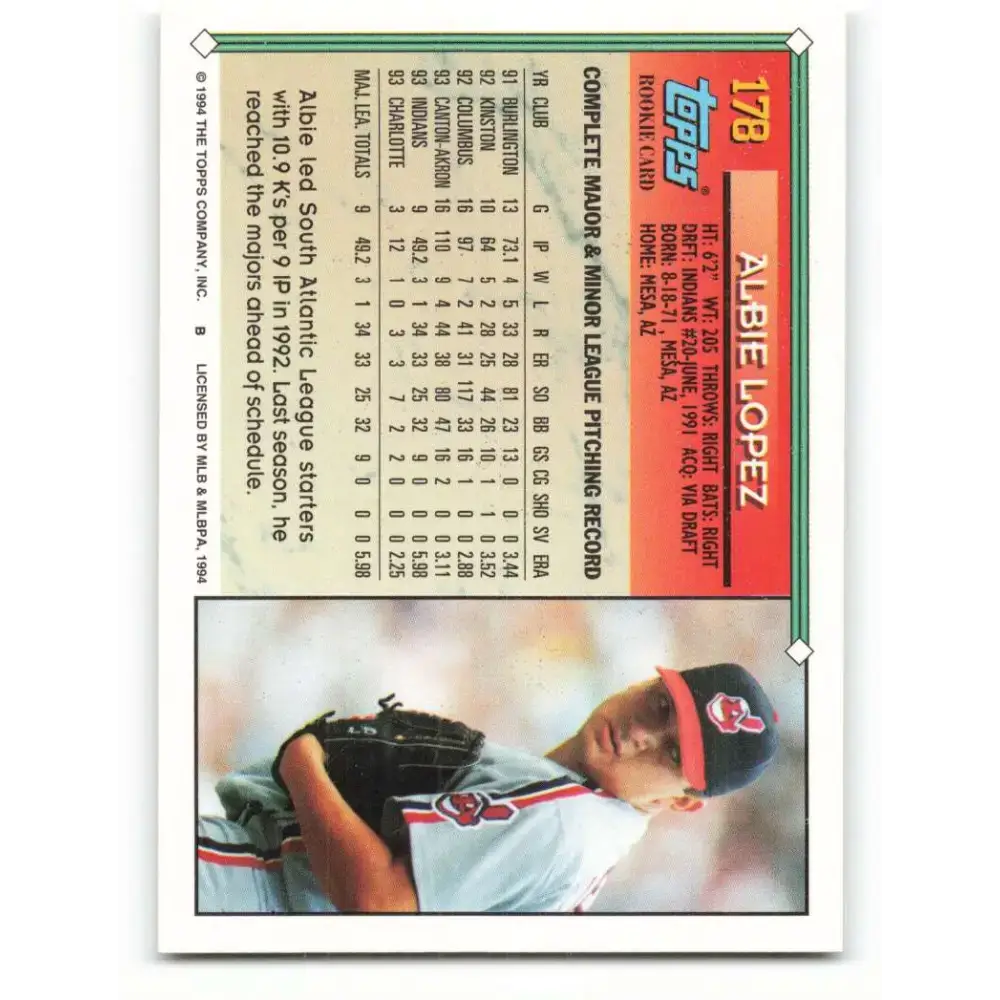 1994 Topps #178 Albie Lopez EX Excellent Cleveland Indians Baseball Card - Baseball Card Single