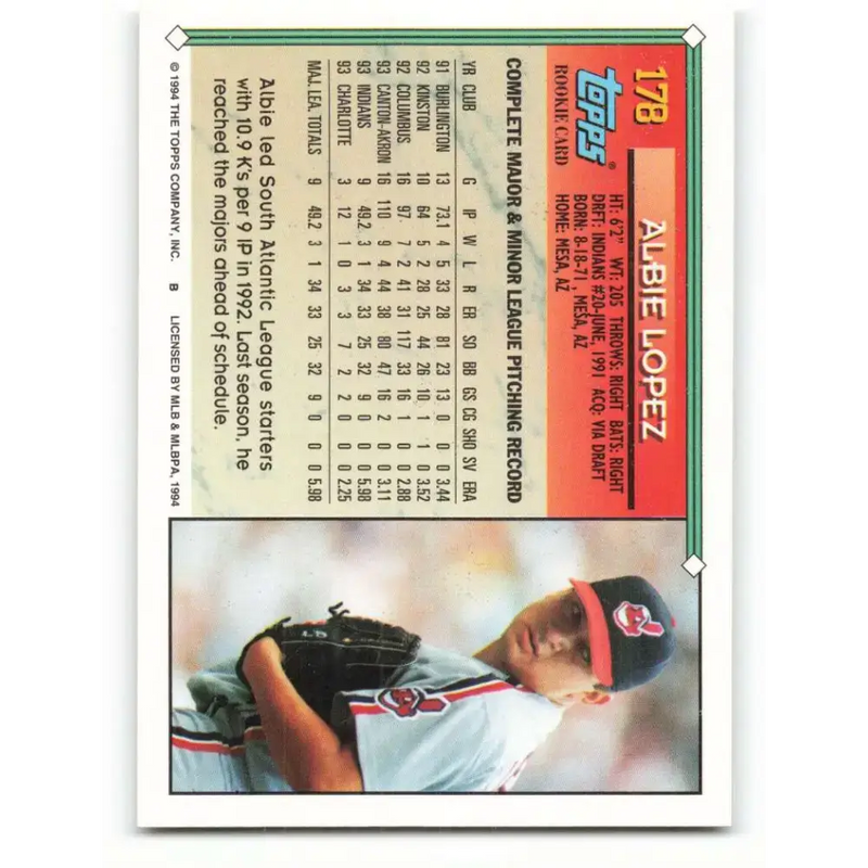 1994 Topps #178 Albie Lopez EX Excellent Cleveland Indians Baseball Card - Baseball Card Single