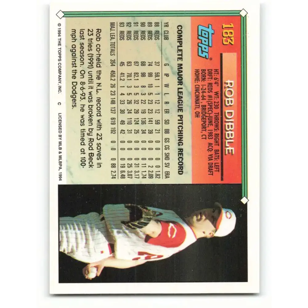 1994 Topps #183 Rob Dibble EX Excellent Cincinnati Reds Baseball Card - Baseball Card Single