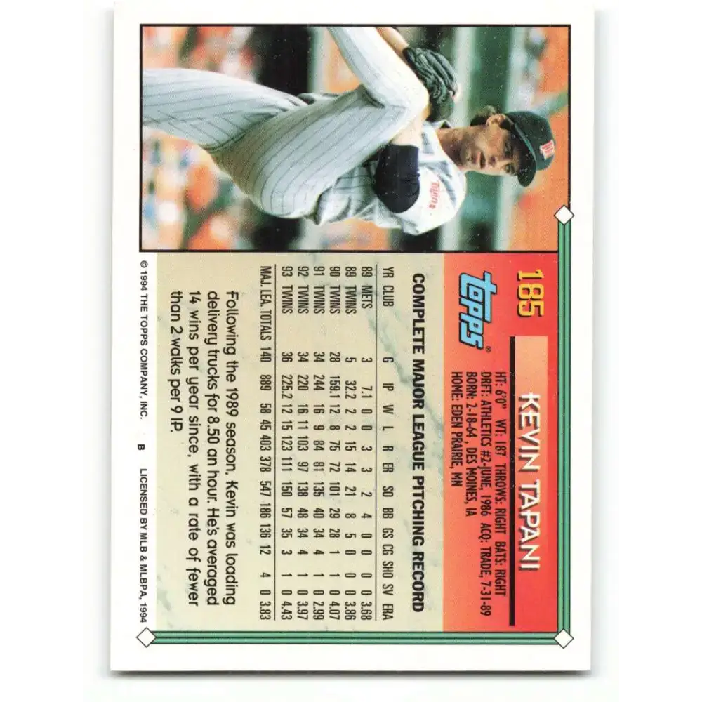 1994 Topps #185 Kevin Tapani EX Excellent Minnesota Twins Baseball Card - Baseball Card Single
