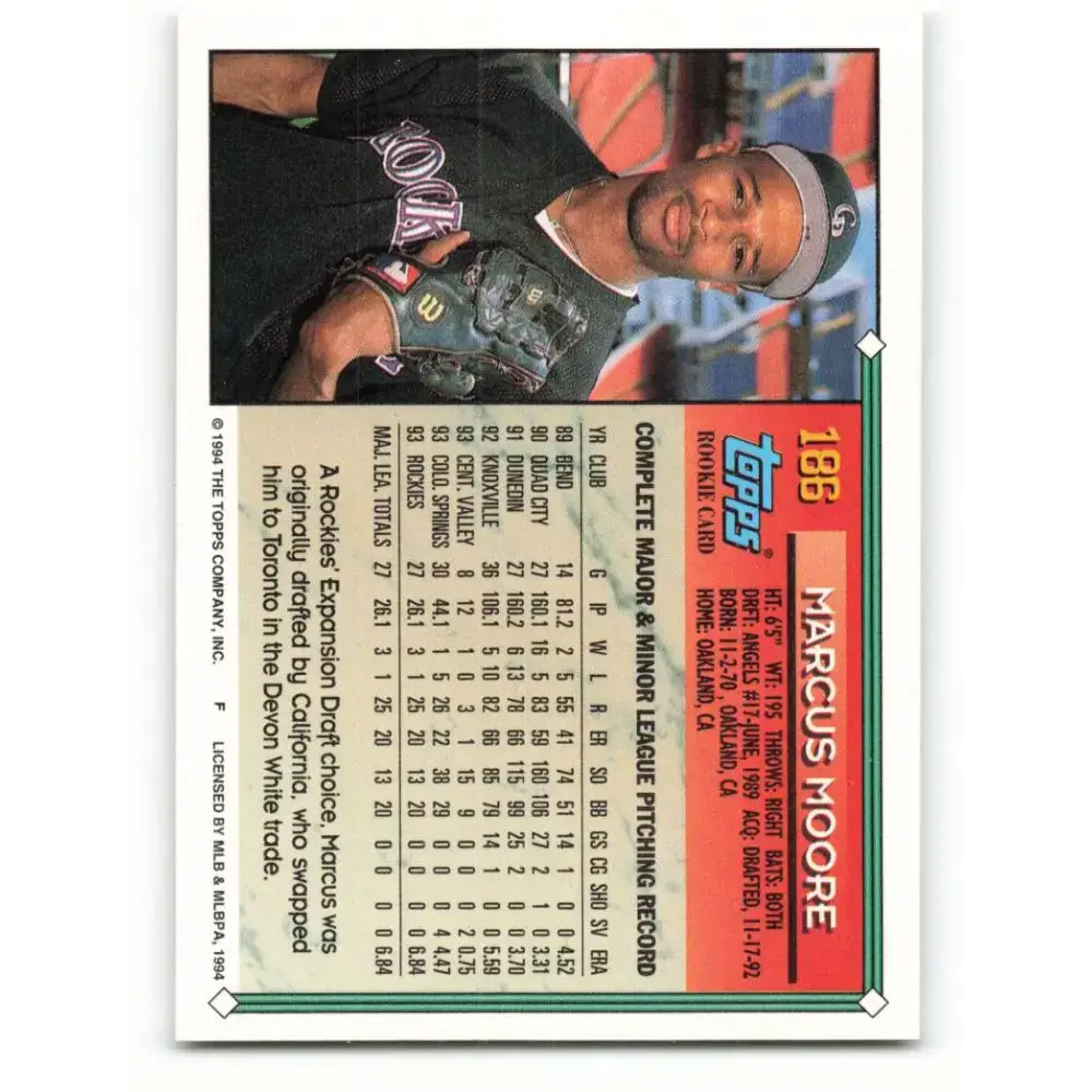1994 Topps #186 Marcus Moore EX Excellent Colorado Rockies Baseball Card - Baseball Card Single