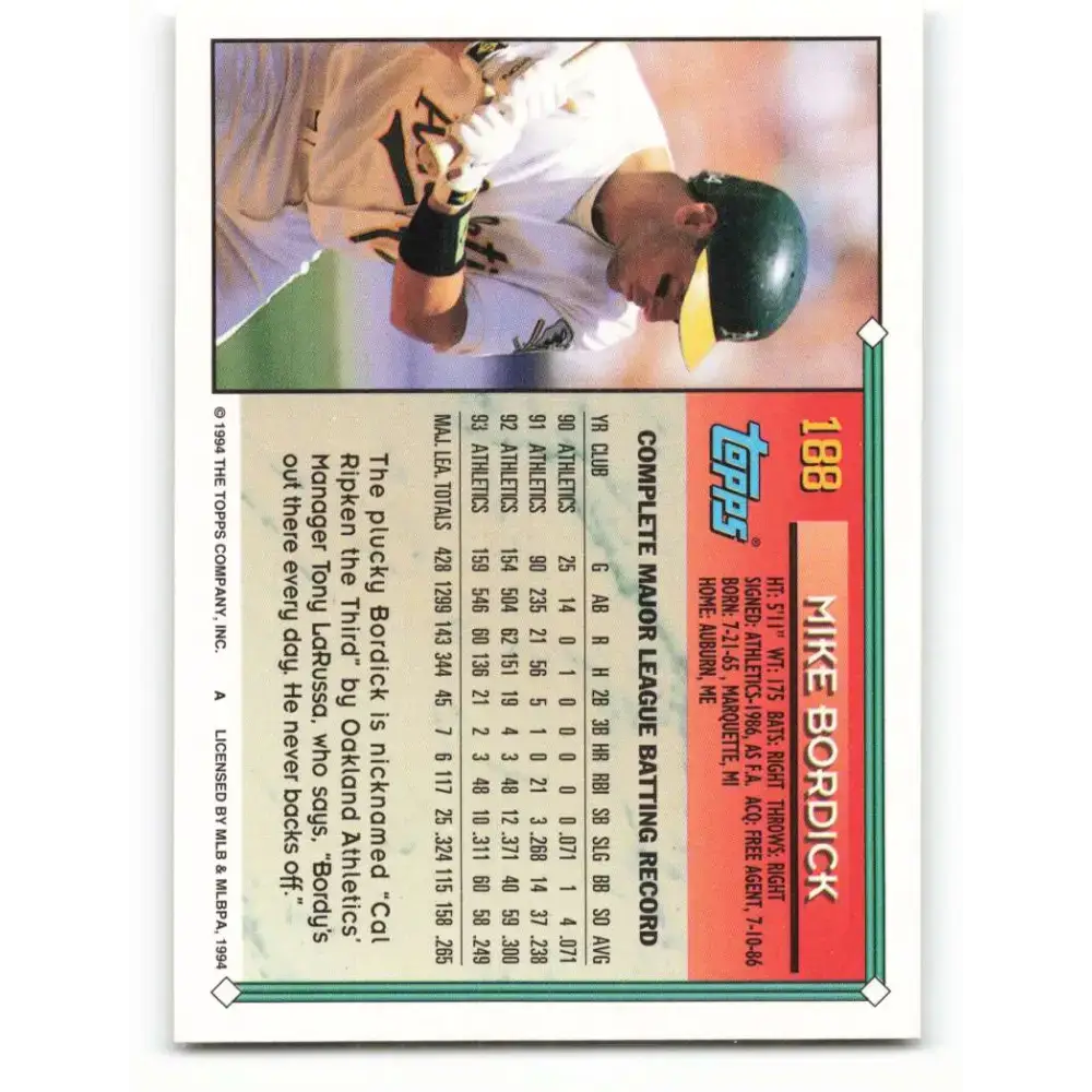1994 Topps #188 Mike Bordick EX Excellent Oakland Athletics Baseball Card - Baseball Card Single