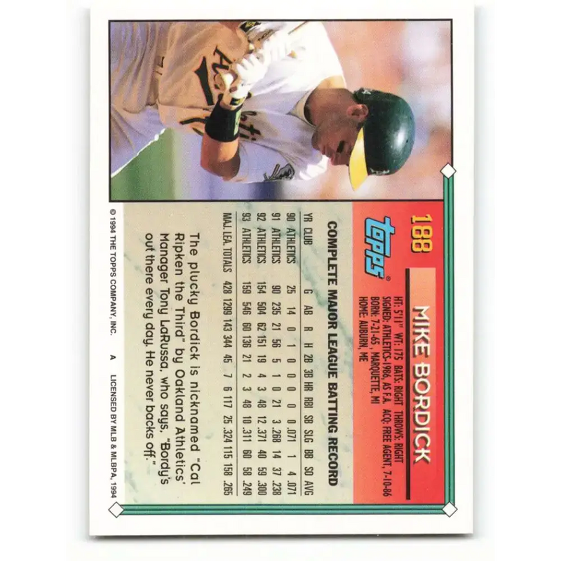 1994 Topps #188 Mike Bordick EX Excellent Oakland Athletics Baseball Card - Baseball Card Single