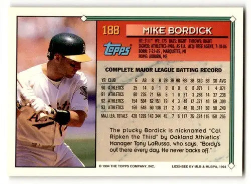 1994 Topps Mike Bordick NrMt baseball card featuring Mike Bordick ID 47006