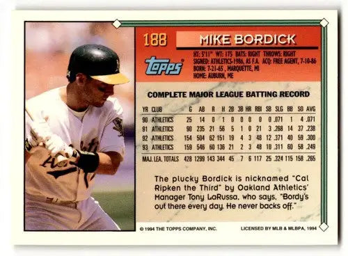 Original gloss 1994 Topps Mike Bordick Oakland Athletics baseball card image