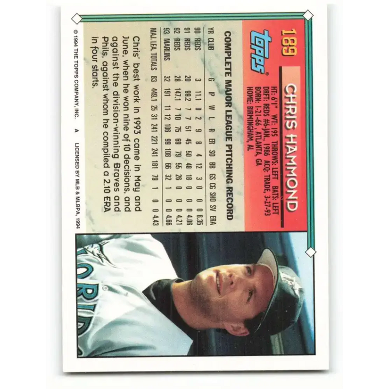1994 Topps #189 Chris Hammond EX Excellent Florida Marlins Baseball Card - Baseball Card Single