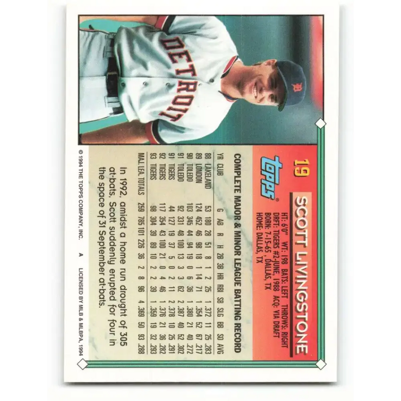 1994 Topps #19 Scott Livingstone EX Excellent Detroit Tigers Baseball Card - Baseball Card Single
