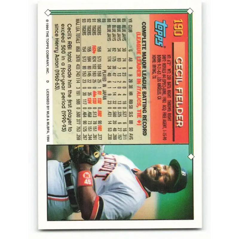 1994 Topps #190 Cecil Fielder EX Excellent Detroit Tigers Baseball Card - Baseball Card Single