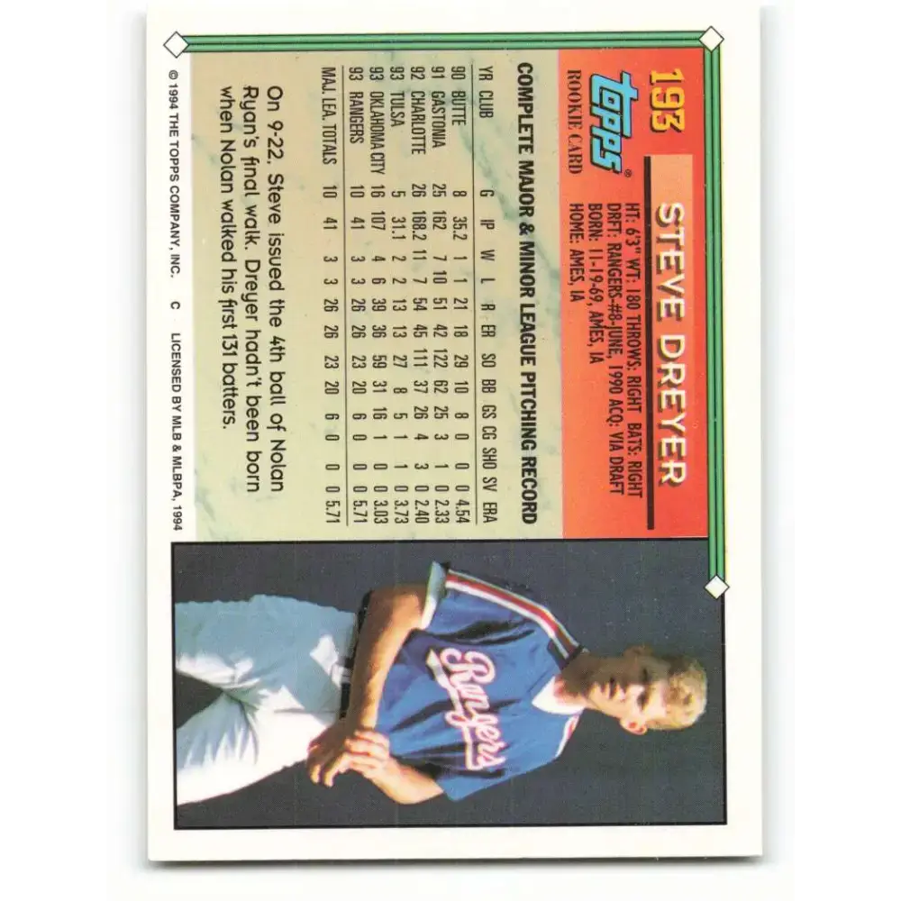 1994 Topps #193 Steve Dreyer EX Excellent RC Rookie Texas Rangers Baseball Card - Baseball Card Single