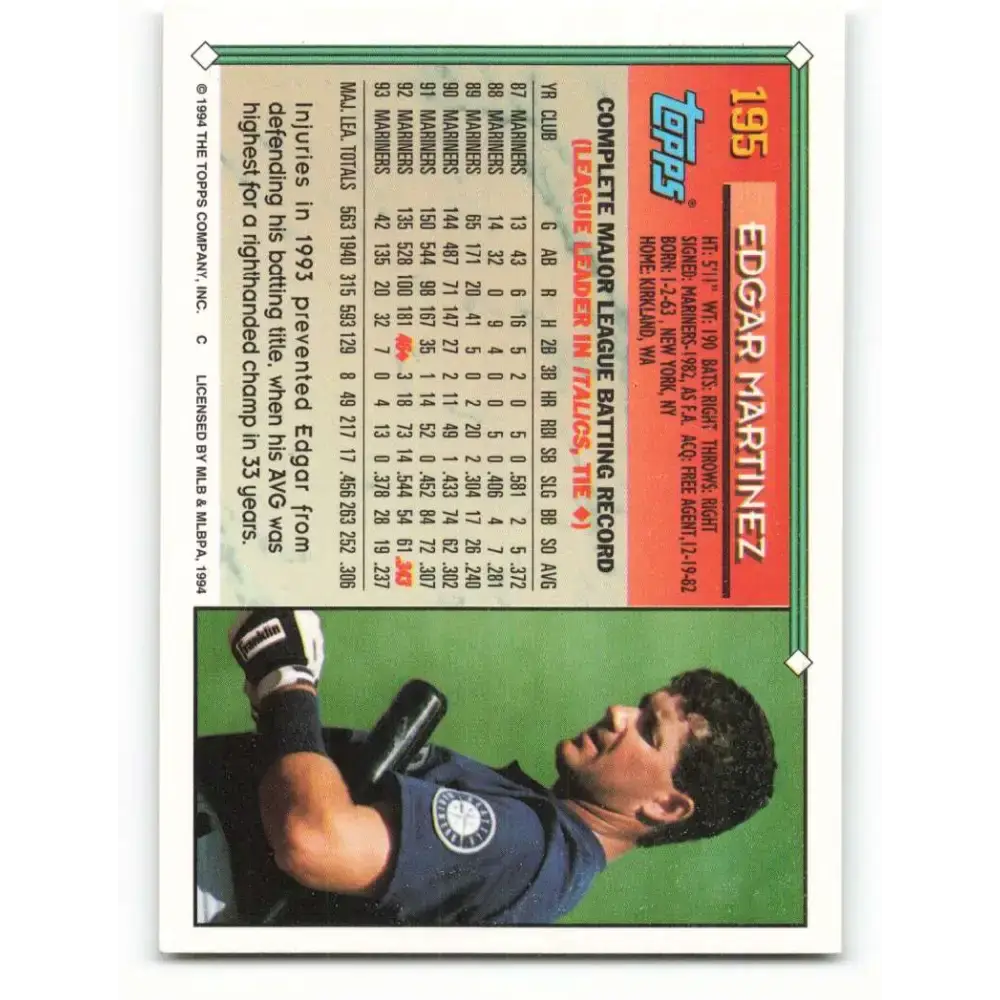 1994 Topps #195 Edgar Martinez EX Excellent Seattle Mariners Baseball Card - Baseball Card Single