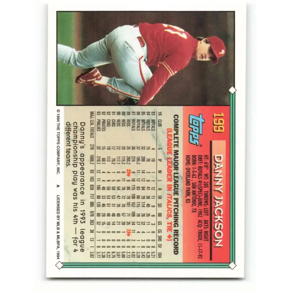 1994 Topps #199 Danny Jackson EX Excellent Philadelphia Phillies Baseball Card - Baseball Card Single