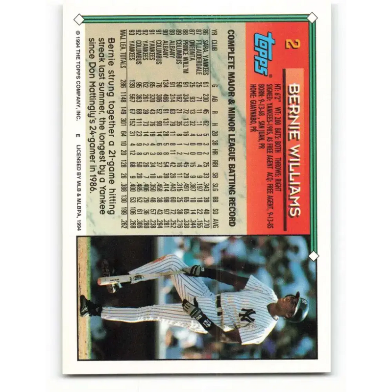 1994 Topps #2 Bernie Williams EX Excellent New York Yankees Baseball Card - Baseball Card Single