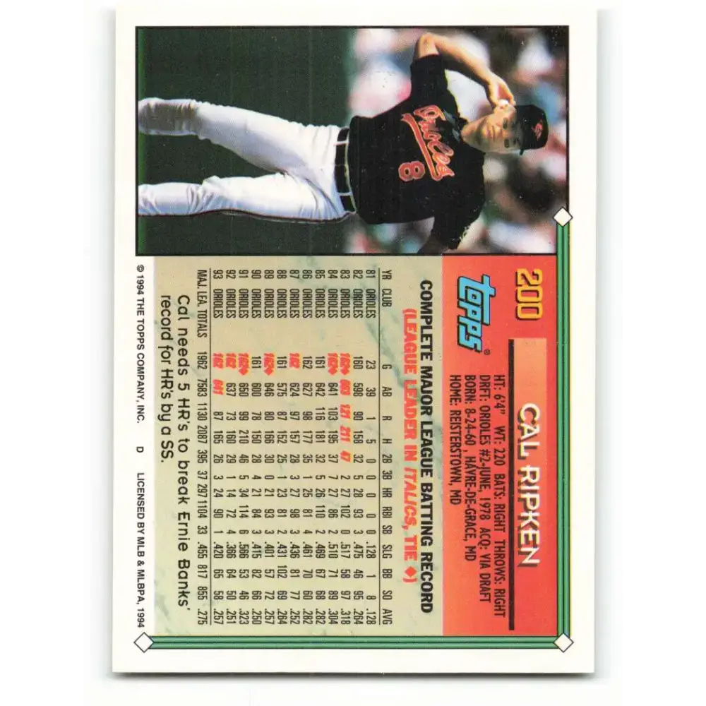 1994 Topps #200 Cal Ripken Jr. EX Excellent Baltimore Orioles Baseball Card - Baseball Card Single