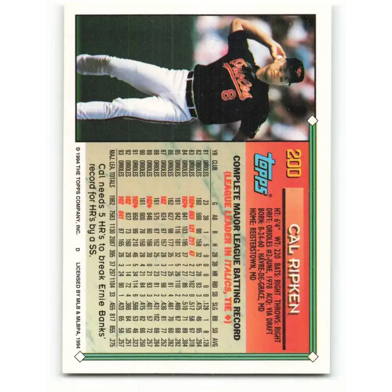 1994 Topps #200 Cal Ripken Jr. EX Excellent Baltimore Orioles Baseball Card - Baseball Card Single