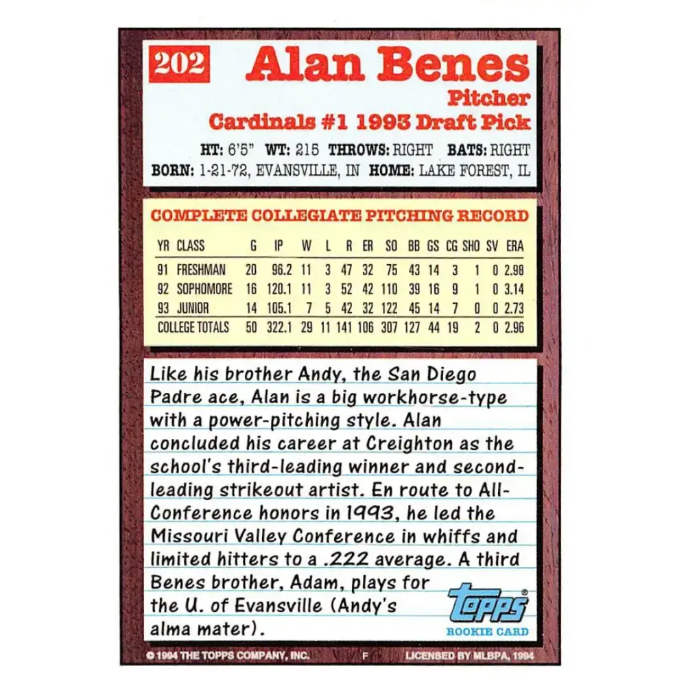 1994 Topps #202 Alan Benes EX Excellent RC Rookie St. Louis Cardinals Baseball Card - Baseball Card Single