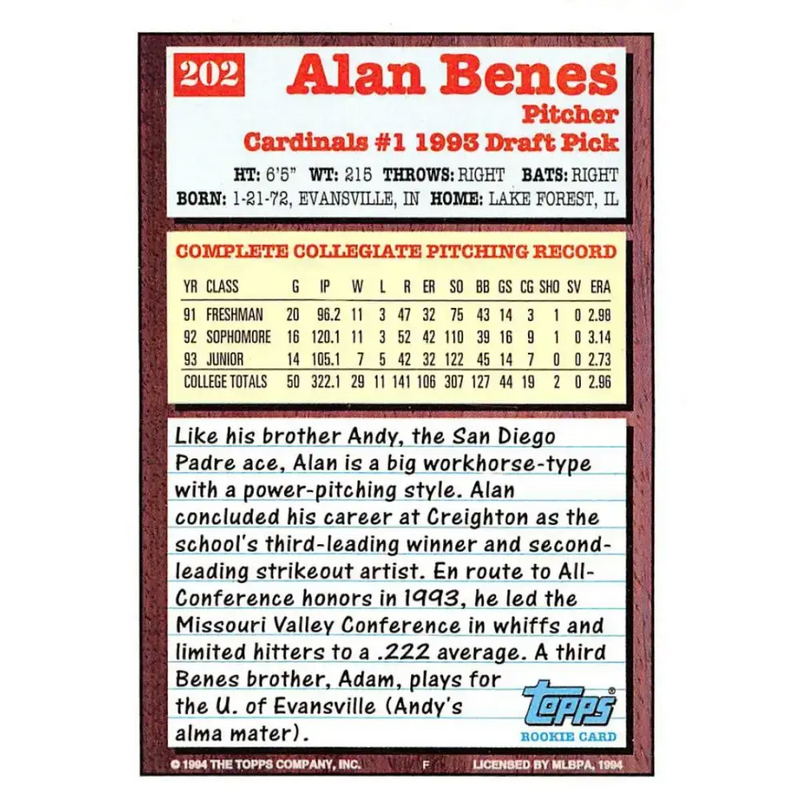 1994 Topps #202 Alan Benes EX Excellent RC Rookie St. Louis Cardinals Baseball Card - Baseball Card Single