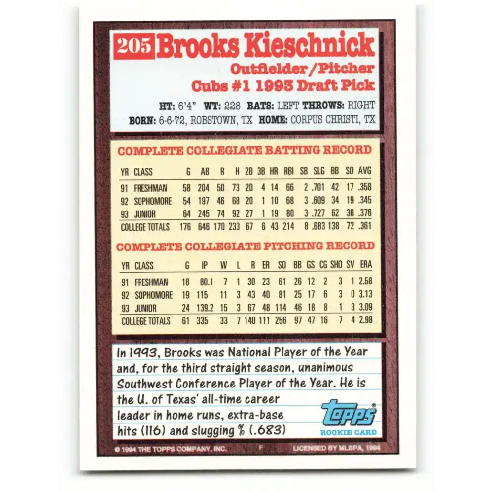 1994 Topps #205 Brooks Kieschnick EX Excellent RC Rookie Chicago Cubs Baseball Card - Baseball Card Single