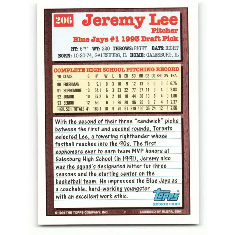 1994 Topps #206 Jeremy Lee EX Excellent RC Rookie Toronto Blue Jays Baseball Card - Baseball Card Single