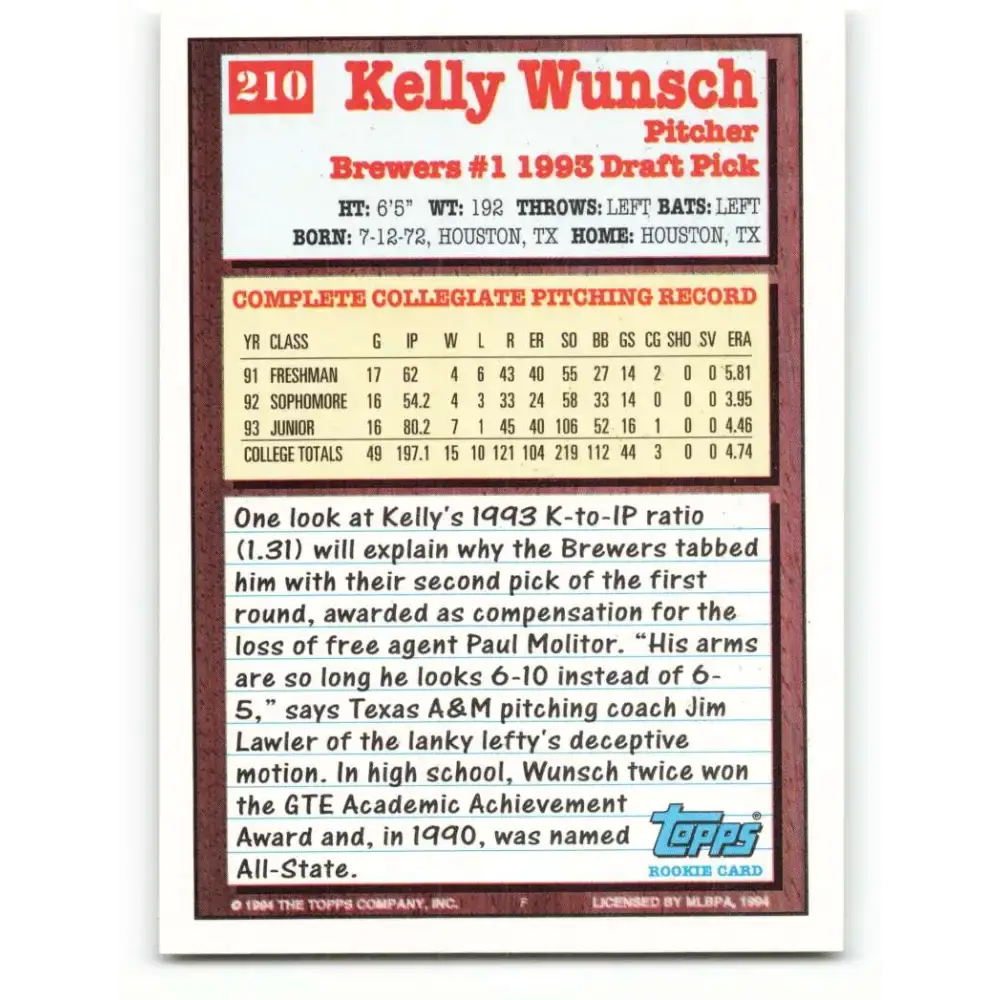 1994 Topps #210 Kelly Wunsch EX Excellent RC Rookie Milwaukee Brewers Baseball Card - Baseball Card Single