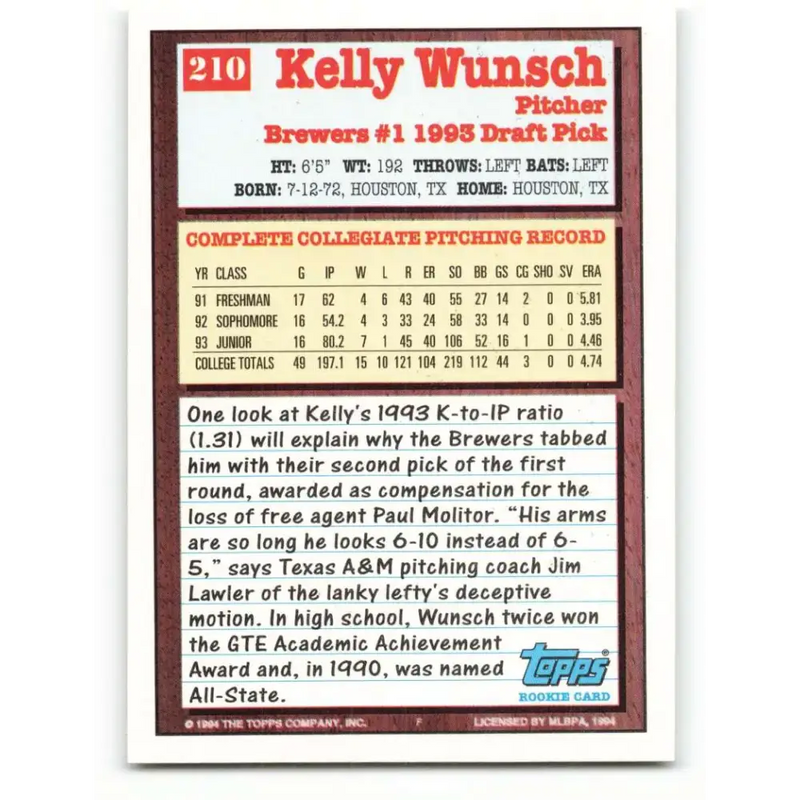 1994 Topps #210 Kelly Wunsch EX Excellent RC Rookie Milwaukee Brewers Baseball Card - Baseball Card Single