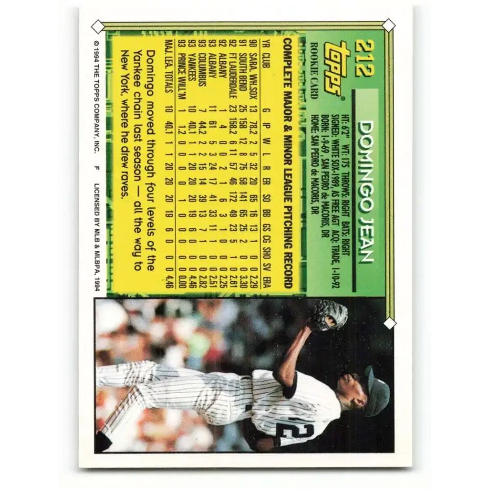 1994 Topps #212 Domingo Jean EX Excellent New York Yankees Baseball Card - Baseball Card Single