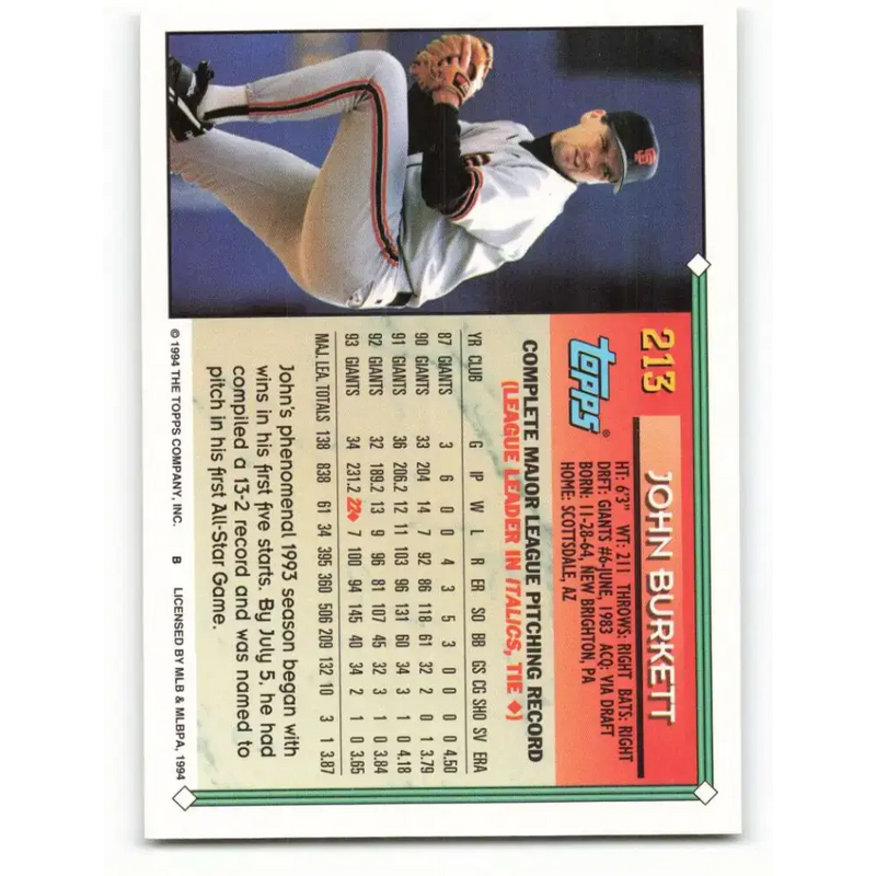 1994 Topps #213 John Burkett EX Excellent San Francisco Giants Baseball Card - Baseball Card Single