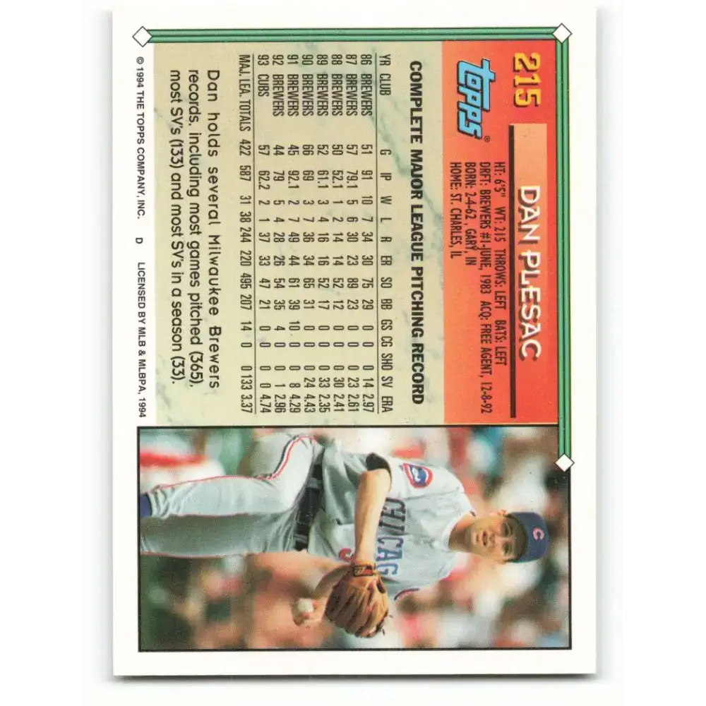 1994 Topps #215 Dan Plesac EX Excellent Chicago Cubs Baseball Card - Baseball Card Single