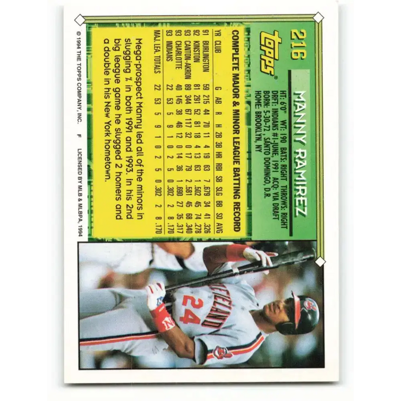 1994 Topps #216 Manny Ramirez EX Excellent Cleveland Indians Baseball Card - Baseball Card Single