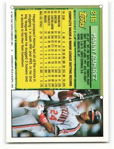 1994 Topps #216 Manny Ramirez NM-MT Indians FS ID:81249 - Baseball Card Single