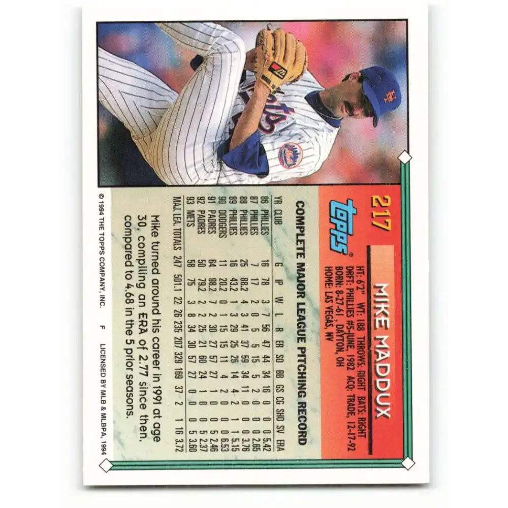 1994 Topps #217 Mike Maddux EX Excellent New York Mets Baseball Card - Baseball Card Single