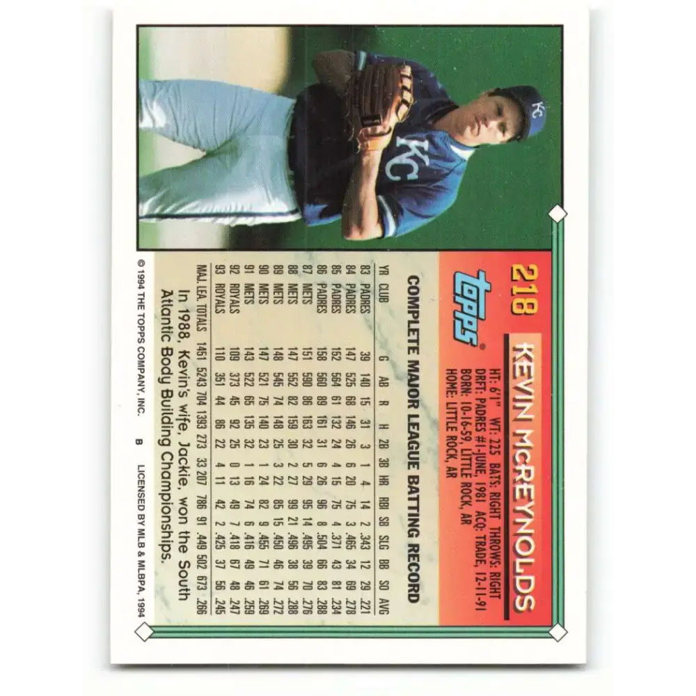 1994 Topps #218 Kevin McReynolds EX Excellent Kansas City Royals Baseball Card - Baseball Card Single