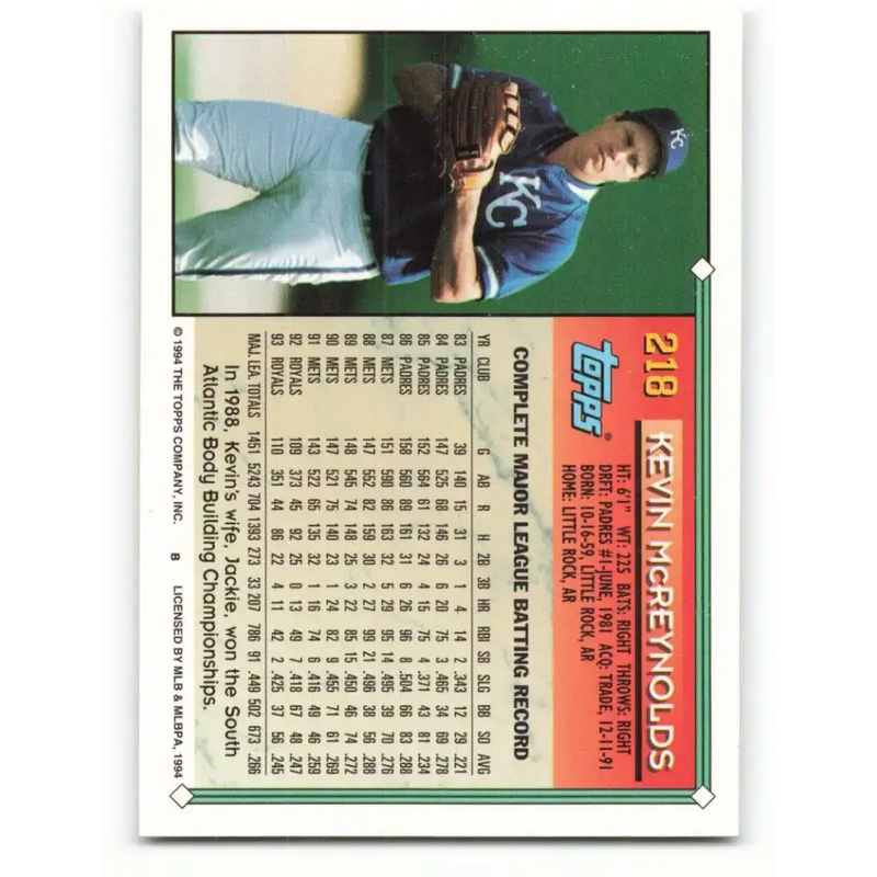 1994 Topps #218 Kevin McReynolds EX Excellent Kansas City Royals Baseball Card - Baseball Card Single