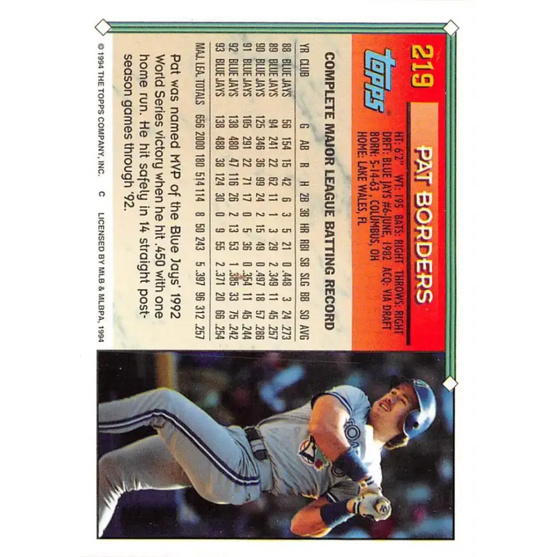 1994 Topps #219 Pat Borders EX Excellent Toronto Blue Jays Baseball Card - Baseball Card Single