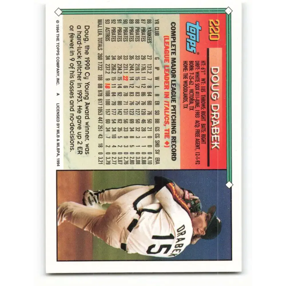 1994 Topps #220 Doug Drabek EX Excellent Houston Astros Baseball Card - Baseball Card Single