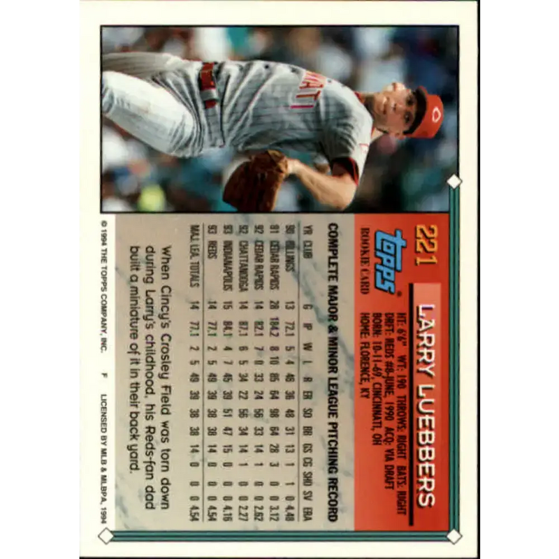 1994 Topps #221 Larry Luebbers EX Excellent RC Rookie Cincinnati Reds Baseball Card - Baseball Card Single