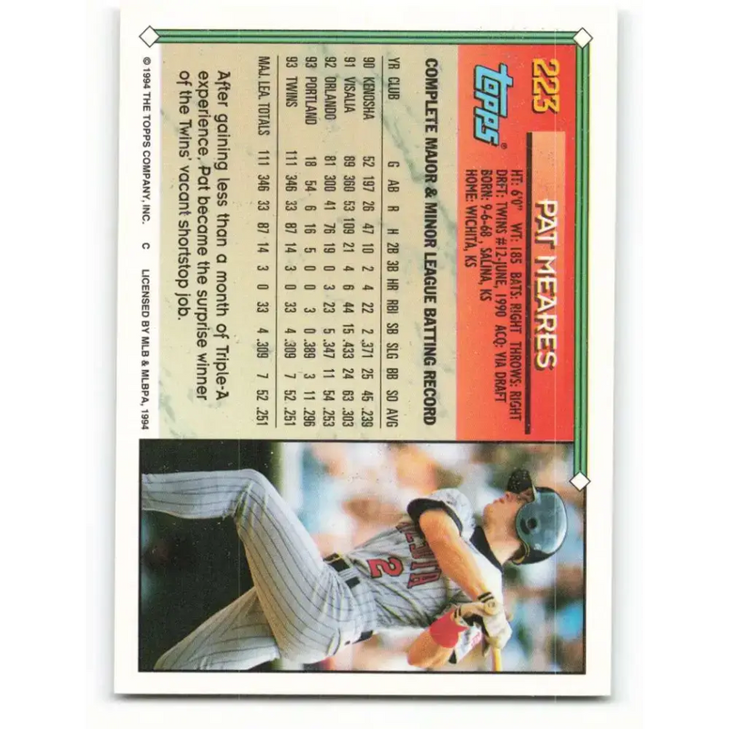 1994 Topps #223 Pat Meares EX Excellent Minnesota Twins Baseball Card - Baseball Card Single