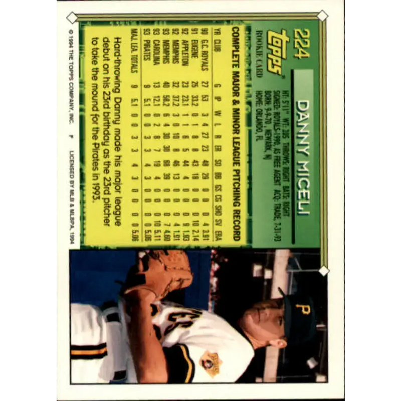 1994 Topps #224 Dan Miceli EX Excellent Pittsburgh Pirates Baseball Card - Baseball Card Single