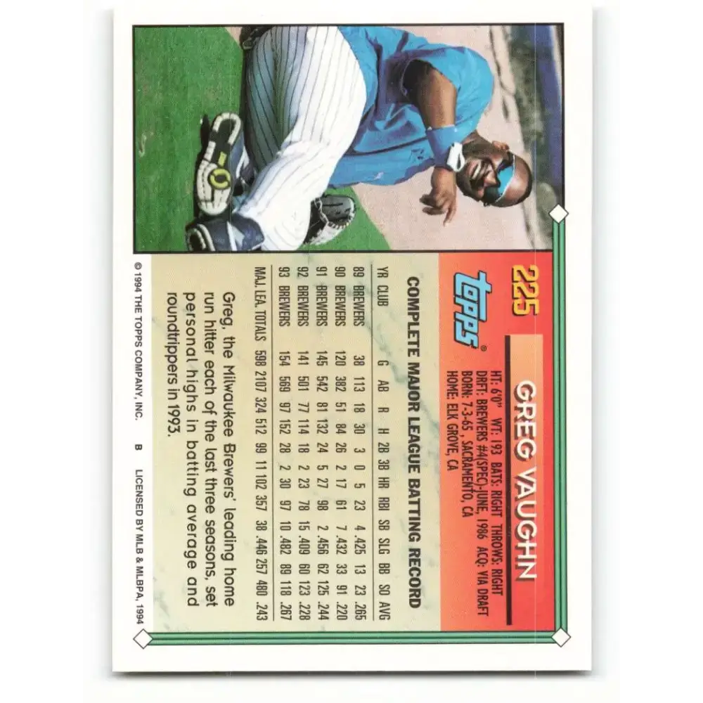 1994 Topps #225 Greg Vaughn EX Excellent Milwaukee Brewers Baseball Card - Baseball Card Single