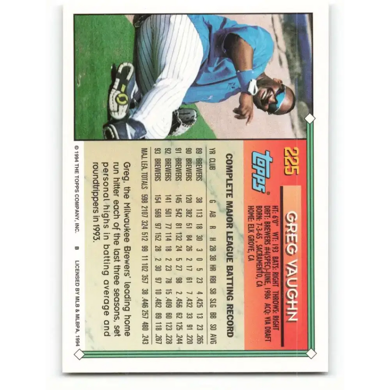 1994 Topps #225 Greg Vaughn EX Excellent Milwaukee Brewers Baseball Card - Baseball Card Single