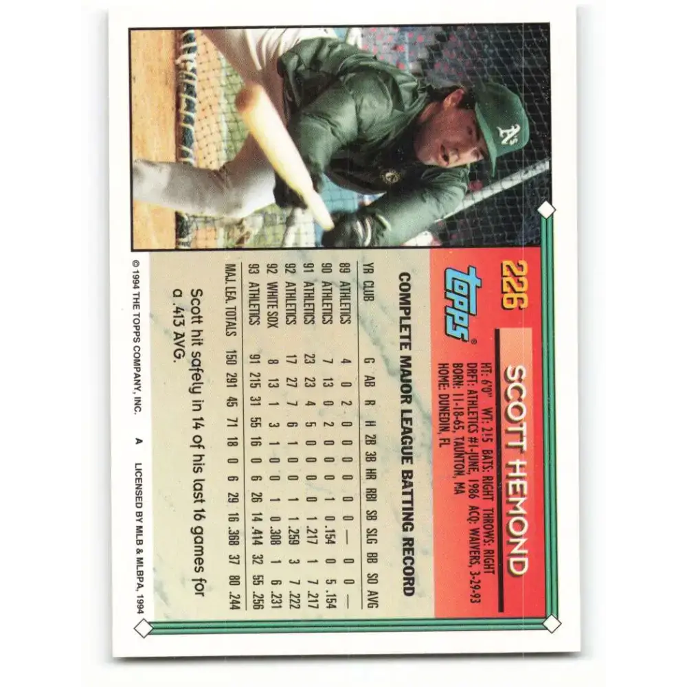 1994 Topps #226 Scott Hemond EX Excellent Oakland Athletics Baseball Card - Baseball Card Single