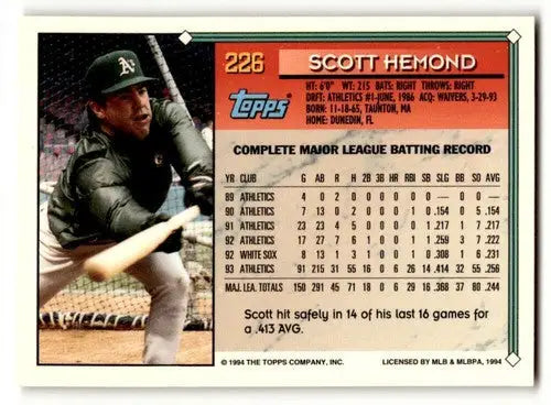 Original gloss baseball card of Scott Hemond Oakland Athletics from 1994 Topps