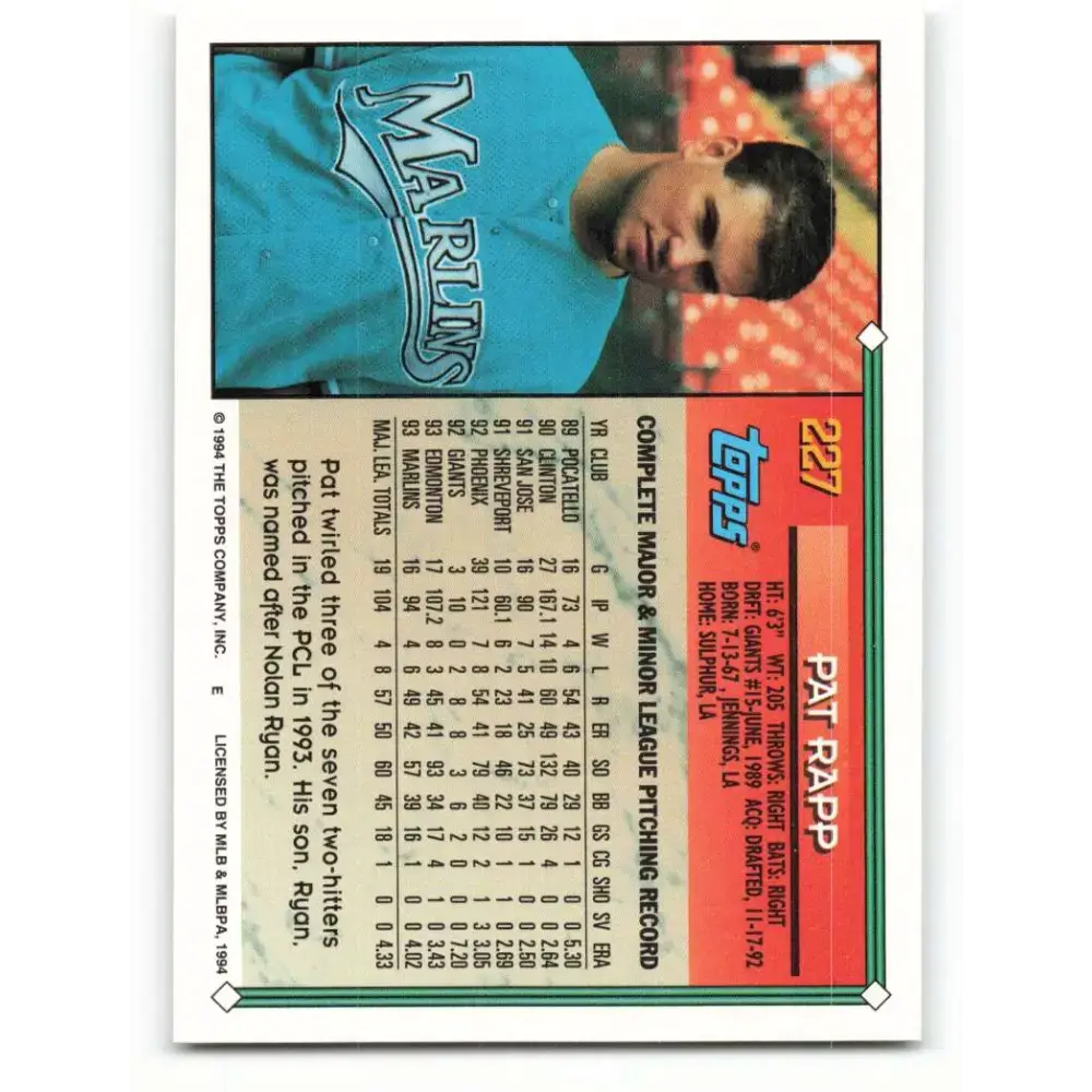 1994 Topps #227 Pat Rapp EX Excellent Florida Marlins Baseball Card - Baseball Card Single