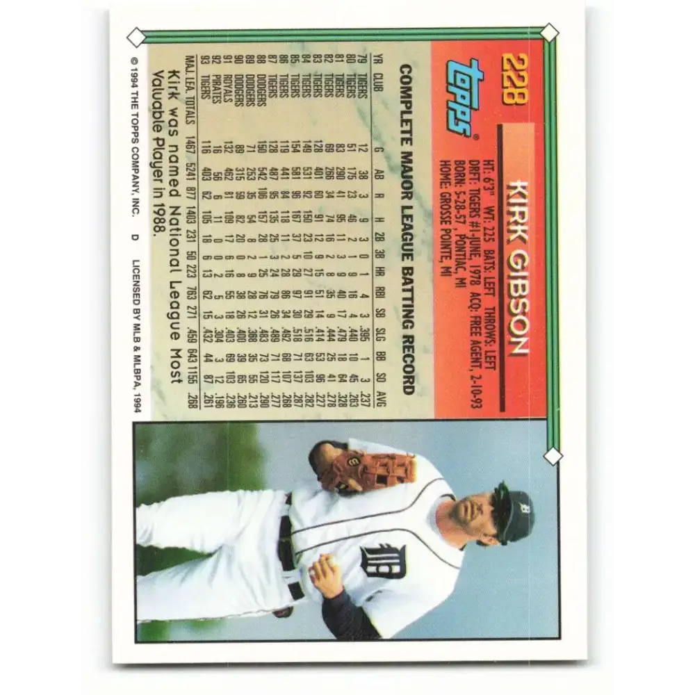 1994 Topps #228 Kirk Gibson EX Excellent Detroit Tigers Baseball Card - Baseball Card Single