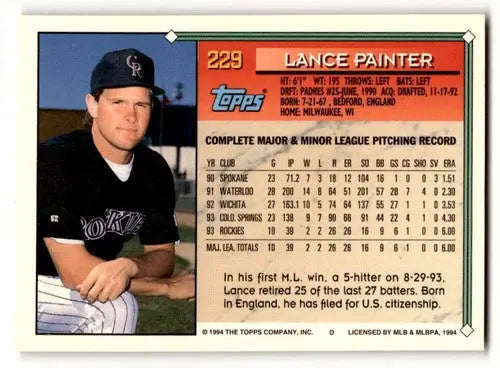 Lance Painter Colorado Rockies baseball card from 1994 Topps #229, excellent condition