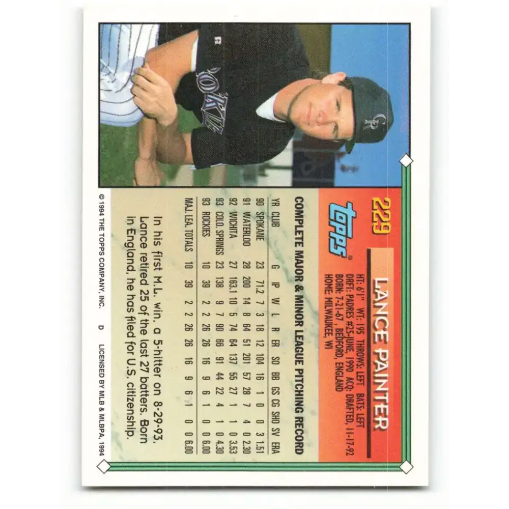 1994 Topps #229 Lance Painter EX Excellent Colorado Rockies Baseball Card - Baseball Card Single