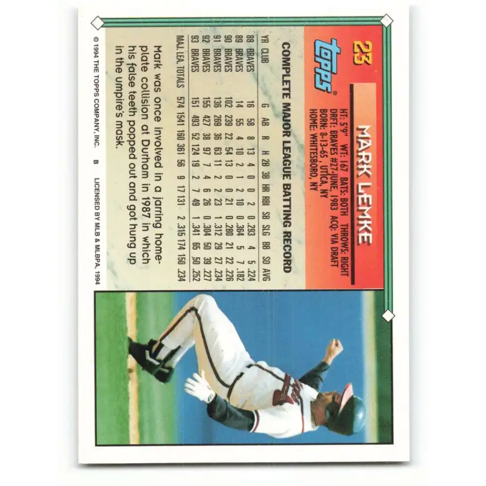 1994 Topps #23 Mark Lemke EX Excellent Atlanta Braves Baseball Card - Baseball Card Single