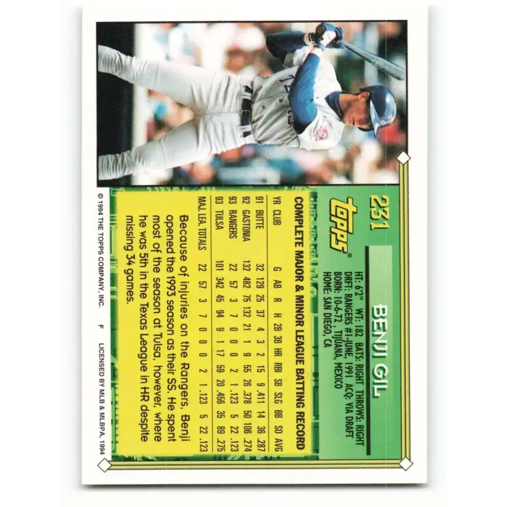 1994 Topps #231 Benji Gil EX Excellent Texas Rangers Baseball Card - Baseball Card Single