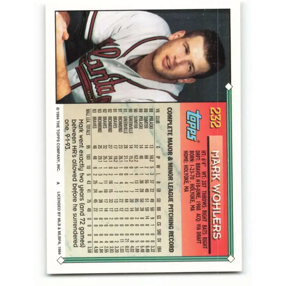 1994 Topps #232 Mark Wohlers EX Excellent Atlanta Braves Baseball Card - Baseball Card Single
