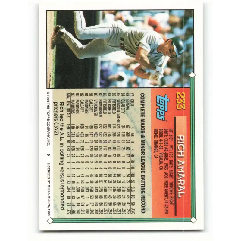 1994 Topps #233 Rich Amaral EX Excellent Seattle Mariners Baseball Card - Baseball Card Single